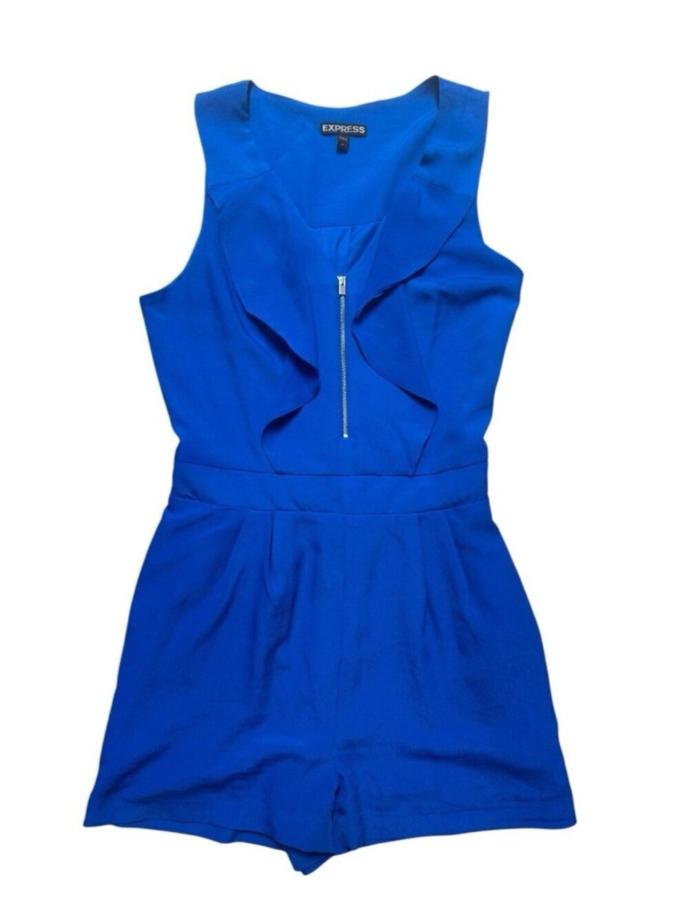 Express Blue Ruffle Front Zip Romper Women’s Size 4 Sleeveless